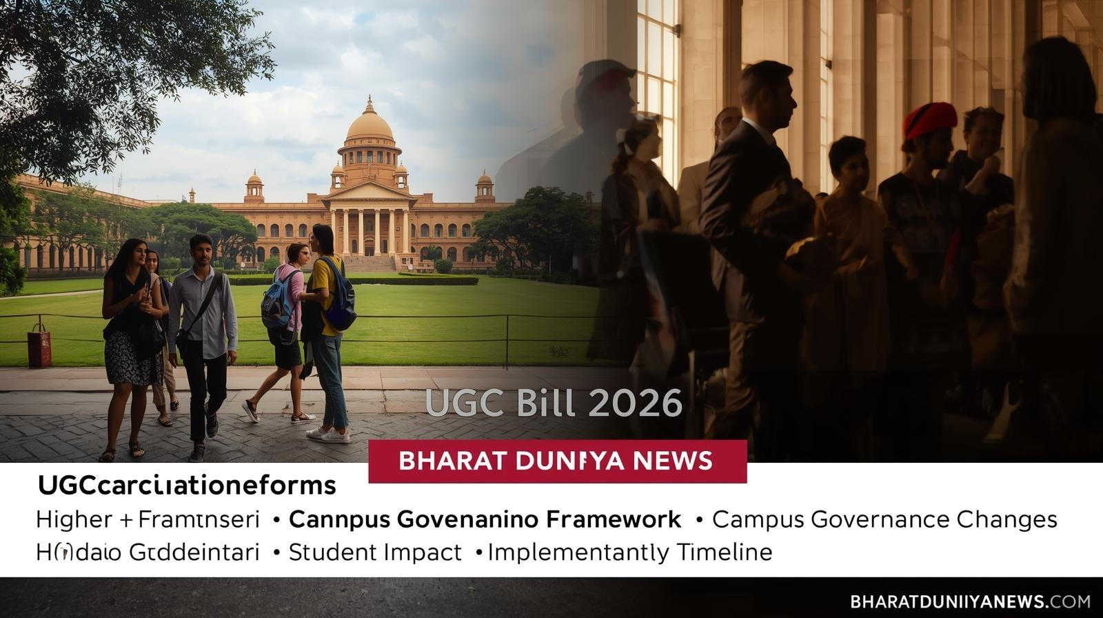 UGC Bill 2026 higher education reform news illustration showing university campus and policy changes with students and governance impact