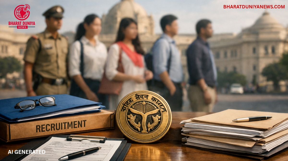 उत्तर प्रदेश सरकार द्वारा 2026 में 1.5 लाख सरकारी नौकरियों की घोषणा का प्रतीकात्मक दृश्य